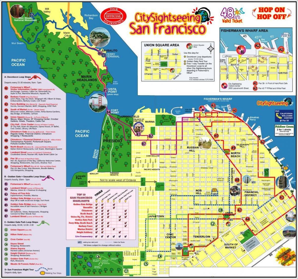 Сан Франциско дээр хоп хоп унтраах автобусны аялал жуулчлалын газрын зураг